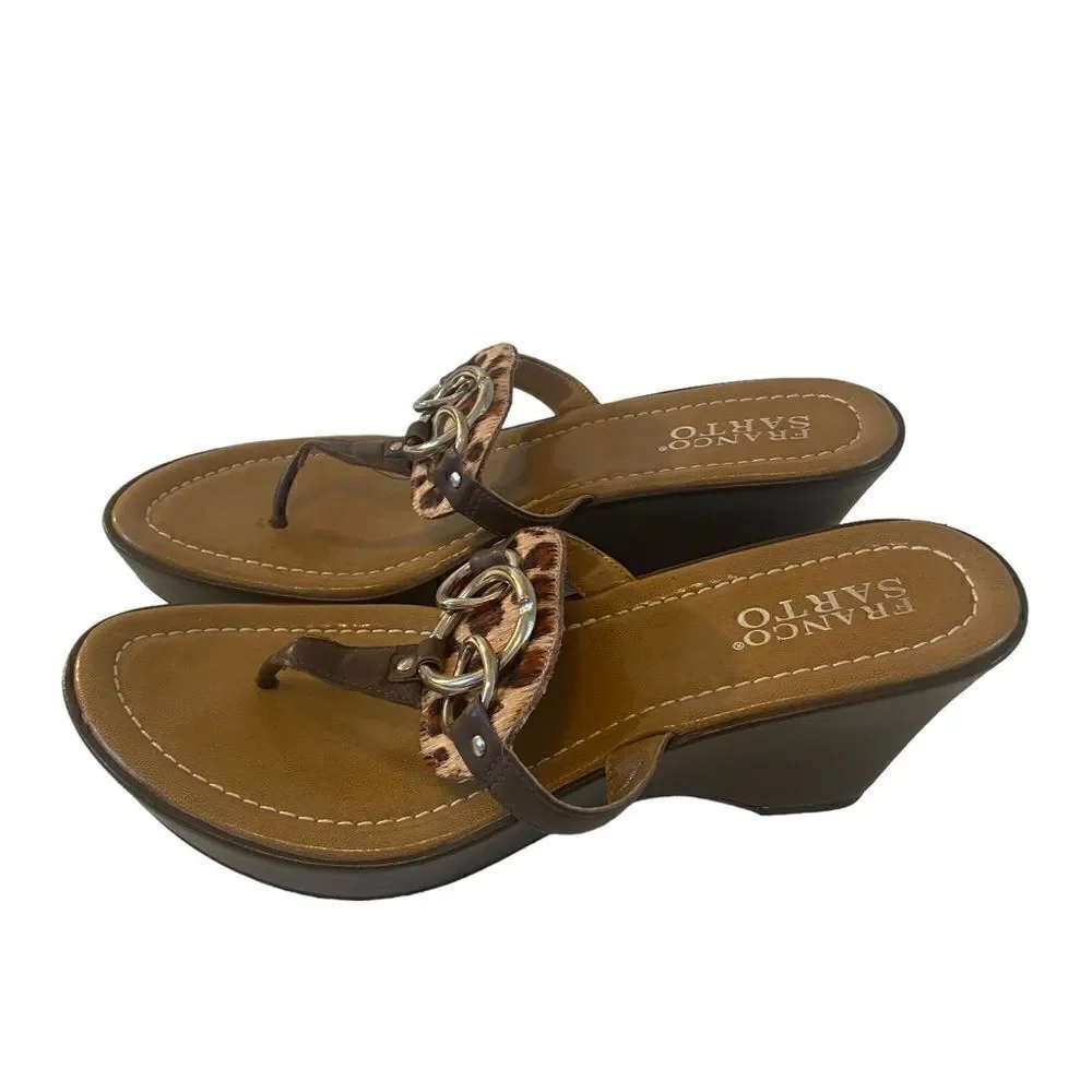 Franco Sarto Brown Wedge Thong Sandals w/ Leopard Print Pony Hair.